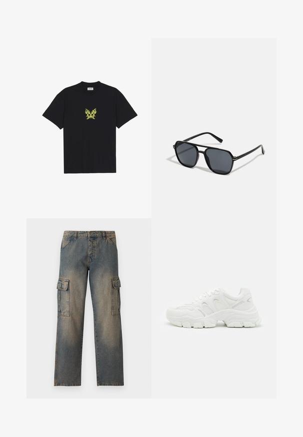 Fekete pamut póló, kicsi, sárga lángmintázatú pillangó grafikával a mellkason. Kerek nyakkivágás, rövid ujjak.; Farmernadrág, elhalványult kék színben, laza fazonban, két nagy oldalsó zsebbel, varrott varrásokkal és klasszikus derékpánt designnal.; Fehér sportcipők, amelyek légáteresztő hálós felsőrésszel és bőr díszítésekkel rendelkeznek, texturált gumitalppal és masszív dizájnnal, figyelemre méltó kontúrokkal.; Fekete napszemüveg nyolcszögletű kerettel, sötét lencsékkel, fényes felülettel, vékony szárakkal és arany díszítéssel az elülső részén.