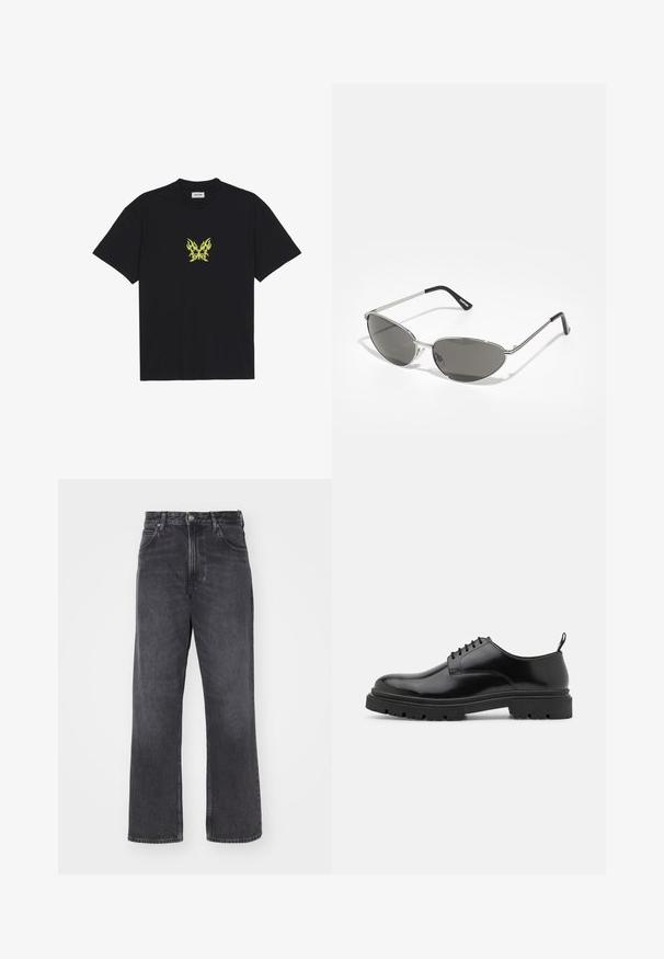 Must musta t-särk, millel on rinnal väike kollane leekidega liblika graafika. Ümmargune kaelus, lühikesed varrukad.; Kõrge vöökohaga mustad denimid, otse ja laiad jalad. Omab viit taskut, nööbi ja tõmbluku sulgemist ning riidel on õrn fadeerumine.; Mustad nahast kingad, millel on ümar nina, sile tekstuur ja sooniline kummist tald. Omavad väikest kontsi ja tõmblinti taga.; Prillispid prillid, millel on peen hõbedane metallraam, hallid toonitud läätsed ja aerodünaamiline disain, millel on teravad servad ja õhukesed varred.