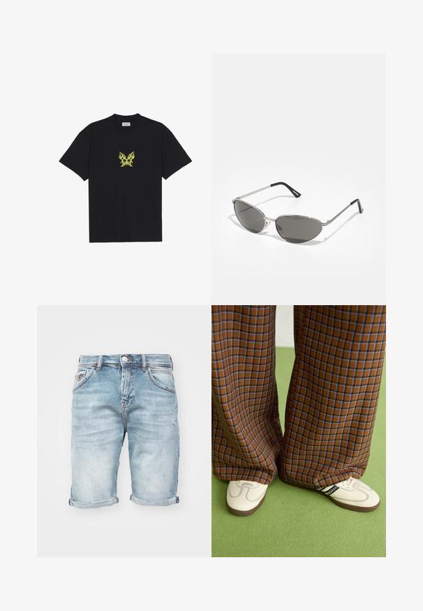 Camiseta de algodón negra con un pequeño gráfico de mariposa con patrón de llamas amarillas en el pecho. Cuello redondo, mangas cortas.; Bermudas de mezclilla azul claro con un acabado desgastado, dobladillos enrollados, cinco bolsillos y cierre de botón de metal, con un sutil efecto de desgastado.; Pantalones de pata de elefante de cuadros marrones y azules combinados con zapatos blancos con detalles en negro y suelas texturizadas, sobre un fondo verde.; Gafas de sol con un elegante marco de metal plateado, lentes tintados de color gris y un diseño aerodinámico que presenta bordes puntiagudos y patas delgadas.