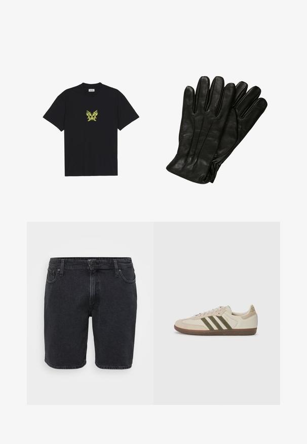 T-shirt de algodão preto com um pequeno gráfico de borboleta em padrão de chama amarela no peito. Decote redondo, mangas curtas.; Bermudas de ganga pretas com um design clássico, apresentando um fecho frontal por botão, passantes para cinto e estilo de cinco bolsos. Textura ligeiramente desbotada.; adidas Originals SAMBA OG UNISEX - Sapatilhas - alumina/medium dark khaki/gum; Luvas de couro preto com uma textura lisa, cinco dedos e detalhes de costura subtis. Design clássico, adequado para uso em clima frio.