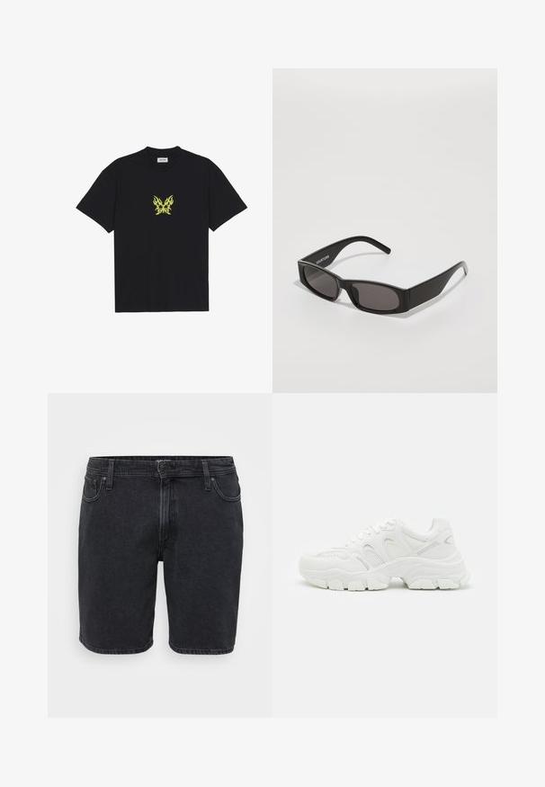 Camiseta de algodón negra con un pequeño gráfico de mariposa con patrón de llamas amarillas en el pecho. Cuello redondo, mangas cortas.; Shorts de mezclilla negra con un diseño clásico, que cuentan con un cierre frontal de botón, pasadores para cinturón y estilo de cinco bolsillos. Textura ligeramente desvaída.; Zapatillas deportivas blancas con parte superior de malla y detalles en cuero, suela de goma texturizada y un diseño voluminoso con contornos notables.; Gafas de sol rectangulares negras con lentes oscuros, una montura de plástico suave y un logo sutil en el brazo izquierdo. Diseño minimalista.
