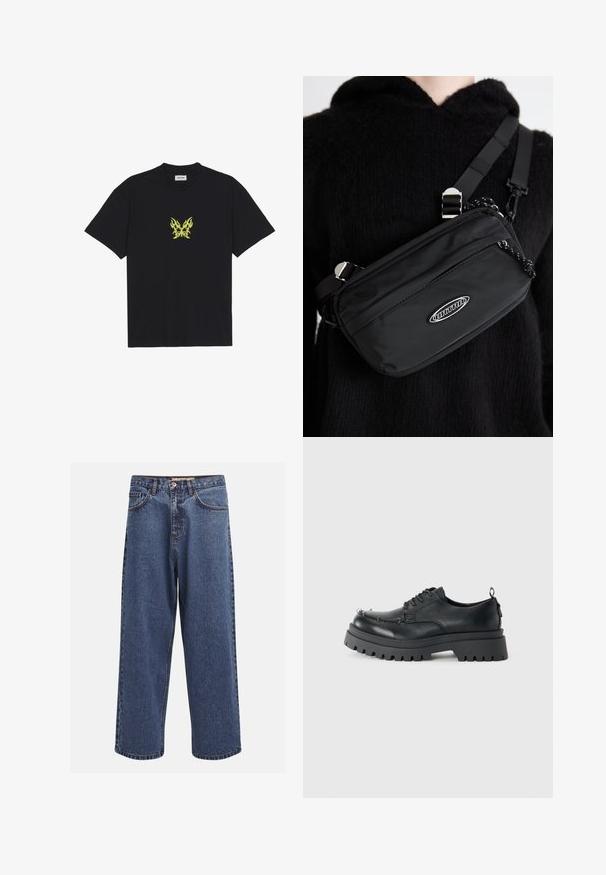 Black cotton t-shirt featuring a small, yellow flame-patterned butterfly graphic on the chest. Crew neckline, short sleeves.; Wide-leg blue denim jeans with a faded finish, featuring a button fly, five pockets, and contrasting stitching along the seams.; Black chunky leather lace-up shoe with thick rugged sole and metal eyelets on toe area, photographed against a plain light background.; Black nylon crossbody bag with adjustable strap, featuring a smooth texture, a front zipper pocket, and a logo accent.