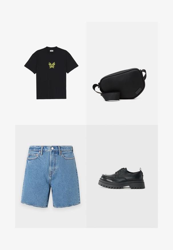 Must musta t-särk, millel on rinnal väike kollane leekidega liblika graafika. Ümmargune kaelus, lühikesed varrukad.; Heledad teksari lühikesed püksid helesinises värvitoonis. Ühtne kangas, millel on viis taskut, nupukinnitus ja diskreetne õmblus soonte ja taskute ääres.; Must musta nahkkingad, paksu robustse tallaga ja metallist silmadega varvaste piirkonnas, pildistatud ühevärvilise heleda tausta ees.; Must plastikust valmistatud must rihmaga õlakott, millel on lame kuju ja väike logo aksent. Minimalistlik kujundus.