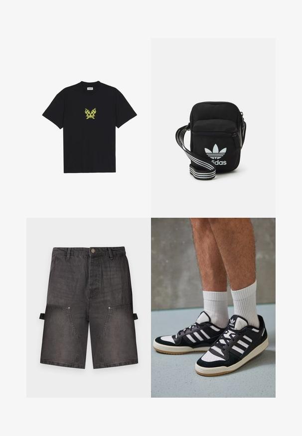 Juodas medvilnės marškinėliai su mažuoju geltonu ugnies rašto drugeliu ant krūtinės. Apvalus kaklas, trumpi rankovės.; Pilki džinsinio audinio šortai su laisvu siluetu, turintys dvi priekinės kišenes ir šonines cargo kišenes su užsegimais.; Juodos ir baltos sportinės bateliai su zomšiniu ir odiniu viršumi, su trimis baltomis juostelėmis, perforuota koja ir guminėmis padais.; Juodas audinio per petį nešiojamas krepšys su užtrauktuku, turintis baltą Adidas logotipą ir dryžuotą reguliuojamą diržą patogiam nešiojimui.