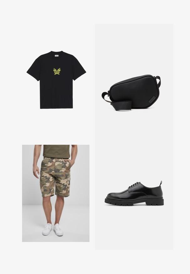 Sort bomull T-skjorte med et lite, gult flamme-mønster av en sommerfugl på brystet. Rund hals, korte ermer.; Kamuflasje cargo shorts i grønn, brun og beige, med flere lommer og en avslappet passform. Laget av slitesterkt stoff, kne-lengde.; Sorte lær lace-up sko med rund tå, glat overflade og rillet gummisål. Har en lille hæl og en pull-tab bagpå.; Svart, glidelåslukket crossover-veske laget av glatt materiale, med en flat form, en enkel stropp og en liten logo-detalj. Minimalistisk design.