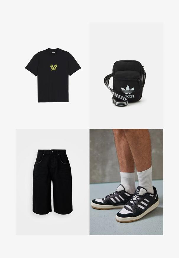 Schwarzes Baumwoll-T-Shirt mit einem kleinen, gelben Schmetterlings-Motiv im Flammenmuster auf der Brust. Rundhalsausschnitt, kurze Ärmel.; Schwarze Jeansshorts mit geradlinigem Design, fünf Taschen, Metallknopfverschluss und subtiler Textur. Der Saum ist mit einem sauberen Schnitt versehen.; Schwarz-weiße Sneaker mit einem Obermaterial aus Wildleder und Leder, ausgestattet mit drei weißen Streifen, einer perforierten Zehenpartie und einer Sohle aus Gummi.; Schwarze Umhängetasche aus Stoff mit Reißverschluss, ausgestattet mit einem weißen Adidas-Logo und einem gestreiften, verstellbaren Tragegurt für einfachen Transport.