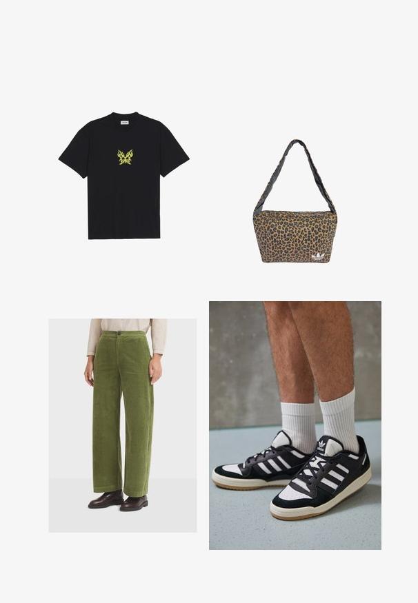 Black cotton t-shirt featuring a small, yellow flame-patterned butterfly graphic on the chest. Crew neckline, short sleeves.; Green corduroy wide-leg pants with a high waist and front pockets, featuring a single button closure and a textured, ribbed surface.; Black and white sneakers with a suede and leather upper, featuring three white stripes, a perforated toe, and a gum rubber sole.; Leopard-print shoulder bag featuring a soft fabric, rounded shape, and a contrasting gray strap; includes a white logo accent.