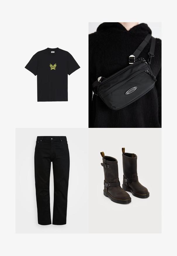 Crna pamučna majica s grafikom leptira u malom žutom plamenu na prsima. Okrugli izrez, kratki rukavi.; Crne traperice od pamuka, klasičnog kroja, s pet džepova i metalnim kopčanjem. Glatka tekstura s ravnim nogavicama.; Tamno smeđe kožne čizme srednje visine, sa žutim šavovima, podesivim kopčama i ručicama za povlačenje na vrhu. Teksturirana površina.; Crna najlon crossbody torba s podesivom trakom, koja se odlikuje glatkom teksturom, prednjim džepom na patentni zatvarač i logotipom kao akcentom.