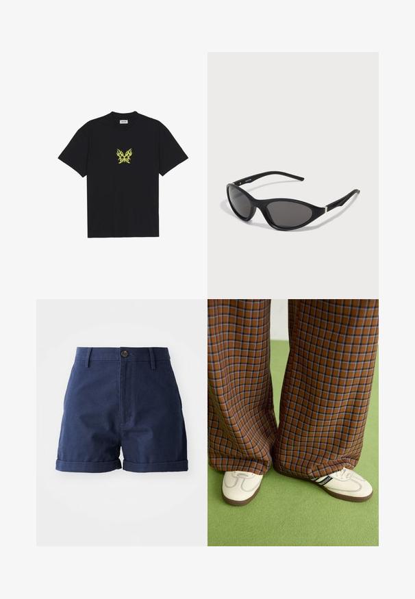 Melnā kokvilnas T-kreklā ir neliels dzeltenu liesmu rakstā veidots tauriņš uz krūšu daļas. Ar apaļu kakla izgriezumu, īsām piedurknēm.; Tumši zili kokvilnas šorti ar pogu priekšpusē, salocītu apakšmalu un sānu kabatām; raksturīga gluda tekstūra un stilīgs dizains.; Brūni un zili rūtaini platās kājas bikses, kas savienotas ar baltām kurpēm ar melniem akcentiem un teksturētām zolēm, uz zaļa fona.; Melnas kaķa acs saulesbrilles ar elegantiem, matētiem rāmjiem, tumšiem stikliem un sudraba akcentiem pie tempļiem. Mūsdienīgs dizains ar asu formu.