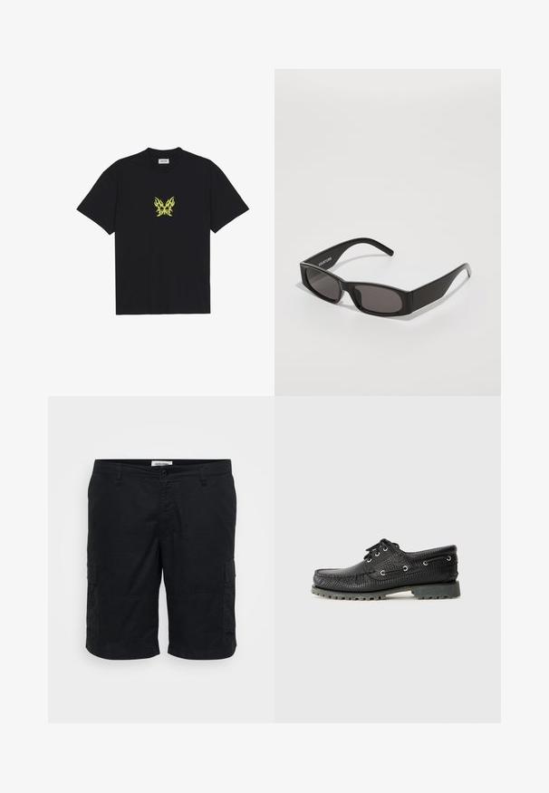 T-shirt en coton noir avec un petit graphique de papillon à motif flammes jaunes sur la poitrine. Encolure ronde, manches courtes.; Shorts cargo noirs en coton. Les caractéristiques incluent deux poches latérales, une coupe décontractée, et un devant plat avec une fermeture à bouton.; Chaussure noire texturée à lacets avec bout rond, œillets en métal et semelle en caoutchouc gris robuste. Présente un motif tissé sur la partie supérieure.; Lunettes de soleil rectangulaires noires avec des verres sombres, une monture en plastique lisse et un logo subtil sur la tige gauche. Design minimaliste.