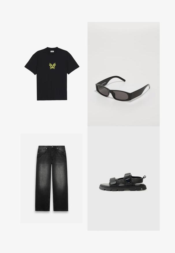 Černé bavlněné tričko s malým grafikou motýla se vzorem žlutých plamenů na hrudi. Kulatý výstřih, krátké rukávy.; Černé džíny s širokým nohavicovým designem. Obsahují pět kapes, mírné vyblednutí a pevné švy. Zapínání na knoflík a zip.; Černé sandály s vláknitým svrškem, širokými pásky, kovovými sponami a silnou gumovou podrážkou se vzorem lug.; Černé obdélníkové sluneční brýle s tmavými skly, hladkým plastovým rámem a diskrétním logem na levém rameni. Minimalistický design.