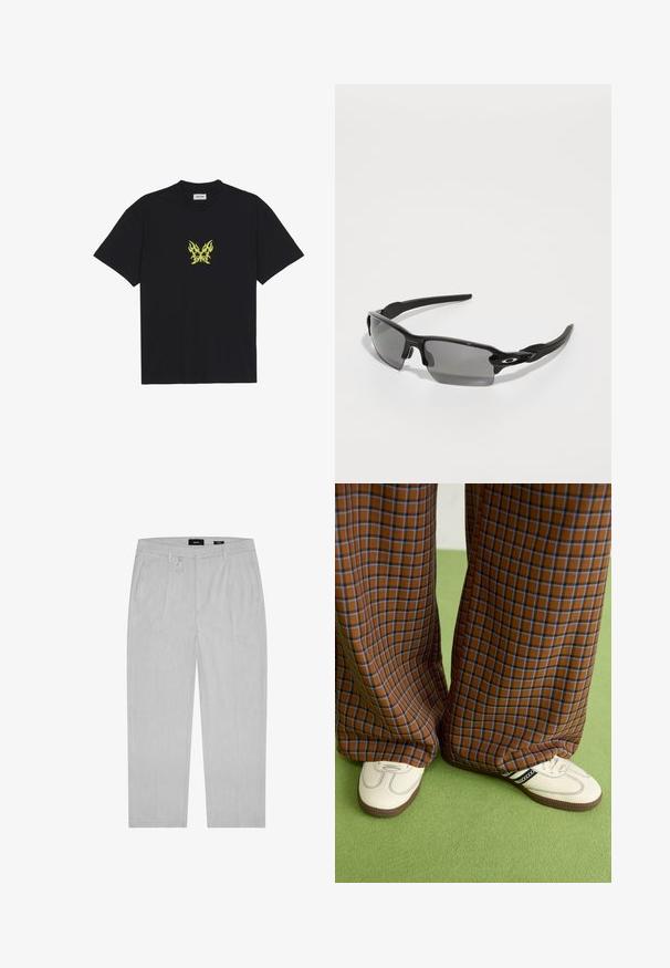 Zwarte katoenen t-shirt met een kleine gele vlinderafbeelding met vlampatroon op de borst. Ronde halslijn, korte mouwen.; Lichtgrijze broek met een subtiele textuur, voorzien van plooien aan de voorkant, zijzakken en een riemlus. Rechtingspijpen ontwerp, minimalistische stijl.; Bruine en blauwe geruite wijde broek, gecombineerd met witte schoenen met zwarte accenten en een gestructureerde zool, gezet tegen een groene achtergrond.; Zwarte sportzonnebril met grijze lenzen, een gebogen frameontwerp en logo-detail aan de zijkant. Gemaakt van lichtgewicht kunststof materiaal.