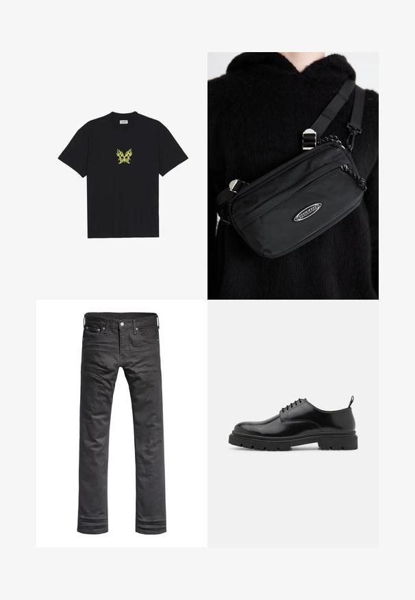 Sort bomulds t-shirt med et lille, gult flamme-mønsteret sommerfugl grafik på brystet. Rund halsudskæring, korte ærmer.; Sorte denim jeans med et klassisk lige ben-design. Har frontlommer, knaplukning og diskrete syninger.; Sorte læder snørebåndssko med en afrundet tå, glat overflade og ribbet gummisål. Har en lille hæl og en løkke bagpå.; Sort nylon crossover taske med justerbar strop, featuring en glat tekstur, en front lynlåslomme og et logo akcent.