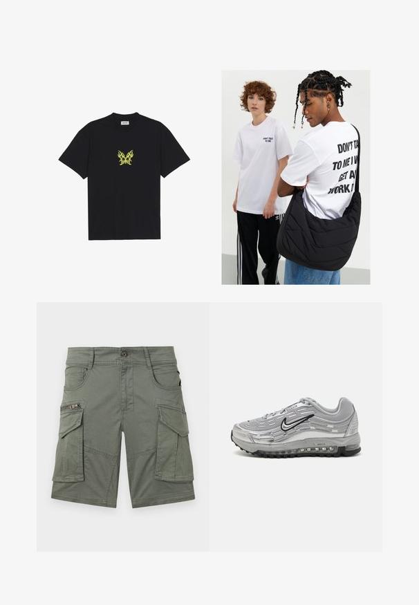 Fekete pamut póló, kicsi, sárga lángmintázatú pillangó grafikával a mellkason. Kerek nyakkivágás, rövid ujjak.; Olive zöld cargo rövidnadrág, pamut keverék anyagból készült. Több zsebbel rendelkezik, beleértve egy cipzáras zsebet is, valamint tartós varrási részletekkel.; Szürke Nike Air Max sportcipők, hálós és szintetikus felsőrész, hullám alakú dizájn, fekete kiegészítők és látható légpárnás talp.; Fekete steppelt válltáska puha textúrával, egy fehér grafikás pólót viselő személyen, amely bátor szöveget tartalmaz. Lazán öltözködik farmernadrágban.