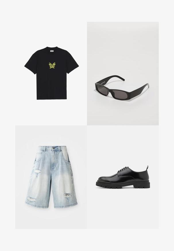 Čierne bavlnené tričko s malým grafickým motívom žltej motýlice v tvare plameňa na hrudi. S okrúhlym výstrihom a krátkymi rukávmi.; Džínové šortky vo svetlom modrom odtieni, so zničenými detailmi a roztrhnutiami. Vo voľnom strihu so štandardným pásom a prednými vreckami.; Čierne kožené šnurovacie topánky s okrúhlym špičkou, hladkou textúrou a ryhovanou gumovou podrážkou. Obsahujú malý podpätok a úchytku na zadnej strane.; Čierne obdĺžnikové slnečné okuliare s tmavými sklami, hladkým plastovým rámom a decentným logom na ľavom ramene. Minimalistický dizajn.