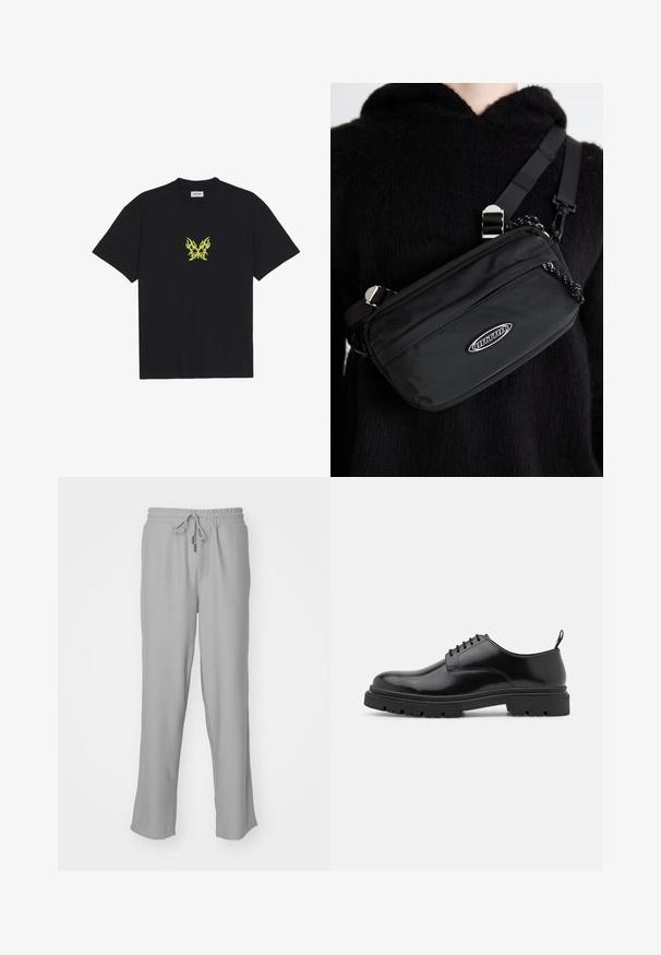 Črna bombažna majica s kratkimi rokavi, ki na prsih prikazuje majhen grafični motiv metulja v rumenem plamenskem vzorcu. Okrogla izrezana vratna linija.; Sive ribane hlače za prosti čas z elastičnim pasom in nastavljivo vrvico. Imajo stranske žepe in sproščen kroj skozi noge.; Črne usnjene čevlje za vezanje z zaobljenim nosom, gladko teksturo in rebrastim gumijastim podplatom. Imajo majhno peto in zanka na zadnji strani.; Črn najlon torba za čez ramo z nastavljivim trakom, ki ima gladko teksturo, sprednji žep na zadrgo in akcent z logotipom.