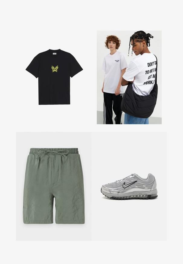 Tricou din bumbac negru, cu un grafic mic sub formă de fluture cu un model de flacără galbenă pe piept. Gât rotund, mâneci scurte.; Șorturi de înot verzi, cu talie elastică și șnur ajustabil, din material ușor și cu o textură netedă. Lungime scurtă, dotate cu buzunare laterale.; Adidași gri Nike Air Max, cu un superior din plasă și material sintetic, design în valuri, accente negre și o unitate de amortizare vizibilă.; Geantă de umăr neagră, matlasată, cu o textură moale, purtată de o persoană îmbrăcată într-un tricou alb cu imprimeu grafic și text îndrăzneț. O ținută lejeră, completată cu blugi.