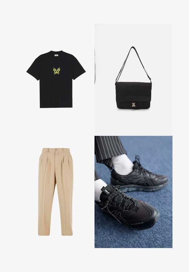 Black cotton t-shirt featuring a small, yellow flame-patterned butterfly graphic on the chest. Crew neckline, short sleeves.; Beige pleated trousers with a straight leg design, made of smooth fabric, featuring a button closure and belt loops at the waistband.; Black athletic shoes with a textured upper and dark laces. Features a transparent gel sole. Worn with white socks and pinstriped pants.; Black messenger bag made of smooth material, featuring a fold-over flap, silver clasp hardware, and an adjustable shoulder strap.