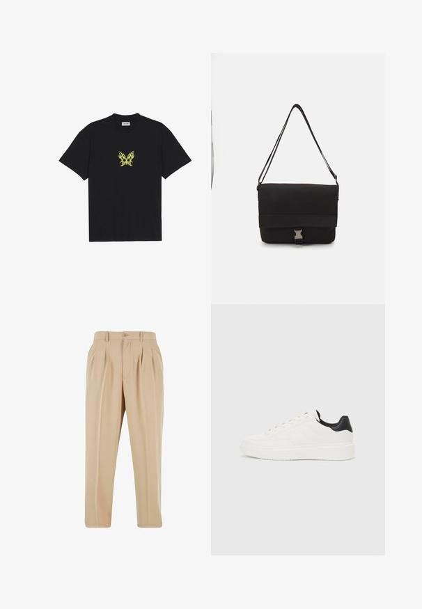 Black cotton t-shirt featuring a small, yellow flame-patterned butterfly graphic on the chest. Crew neckline, short sleeves.; Beige pleated trousers with a straight leg design, made of smooth fabric, featuring a button closure and belt loops at the waistband.; White leather sneaker with embossed pattern, textured white midsole, and black heel accent. Features rounded toe and flat laces.; Black messenger bag made of smooth material, featuring a fold-over flap, silver clasp hardware, and an adjustable shoulder strap.
