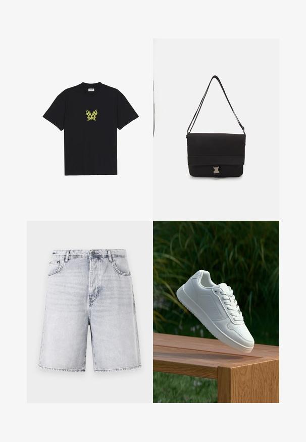 Melnā kokvilnas T-kreklā ir neliels dzeltenu liesmu rakstā veidots tauriņš uz krūšu daļas. Ar apaļu kakla izgriezumu, īsām piedurknēm.; Gaiši pelēki džinsu īsie šorti ar nedaudz nolietotu apdari. Iezīmēti ar piecām kabatām, jostas cilpām un rāvējslēdzēju ar pogas aizdari.; Baltie sporta apavi ar gludu sintētisku augšpusi, perforētu pirkstu daļu, plakani šņorēm un rakstainu zoli, novietoti uz koka virsmas.; Melna sūtītāja soma, izgatavota no gludas materiāla, ar nolocamu vāku, sudraba sprādzi un regulējamu plecu siksnu.