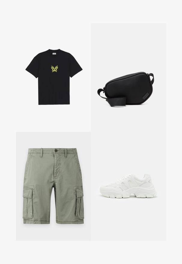 Černé bavlněné tričko s malým grafikou motýla se vzorem žlutých plamenů na hrudi. Kulatý výstřih, krátké rukávy.; Zelené cargo šortky vyrobené z bavlněné směsi, s dvěma bočními kapsami, zapínáním na knoflík a rovný střih.; Bílé sportovní tenisky s mesh svrškem a koženými akcenty, texturovanou gumovou podrážkou a robustním designem s výraznými konturami.; Černá crossbody taška se zipem, vyrobená z hladkého materiálu, s plochým tvarem, jedním popruhem a malým logem. Minimalistický design.