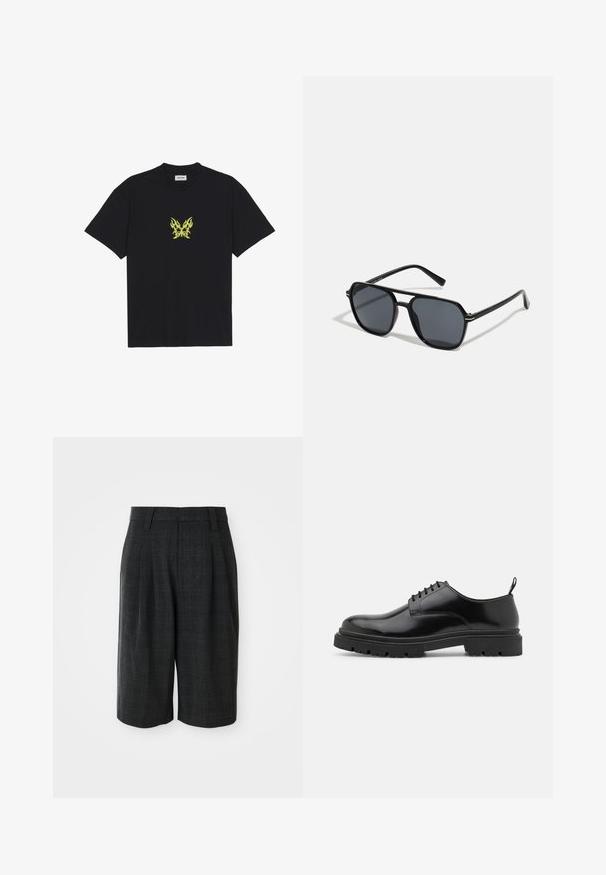 Black cotton t-shirt featuring a small, yellow flame-patterned butterfly graphic on the chest. Crew neckline, short sleeves.; Dark gray knee-length tailored shorts with subtle plaid pattern and belt loops on a plain white background.; Black leather lace-up shoes with a rounded toe, smooth texture, and ridged rubber sole. Features a small heel and a pull tab at the back.; Black sunglases with octagonal frame, dark lenses, glossy finish, thin temples, and gold accents on the front.