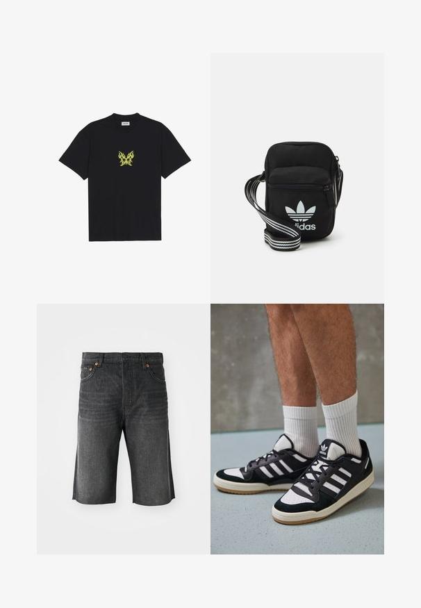 Zwarte katoenen t-shirt met een kleine gele vlinderafbeelding met vlampatroon op de borst. Ronde halslijn, korte mouwen.; Denim shorts in donkergrijs met een rechte snit, vijf zakken en oranje stiksels aan de voorkant. Schoon afgewerkte zoom bij de mouwen.; Zwart-witte sneakers met een bovenwerk van suede en leer, voorzien van drie witte strepen, een geperforeerde neus en een rubberen gumzool.; Zwarte stoffen schoudertas met een ritssluiting, voorzien van een wit Adidas-logo en een gestreepte, verstelbare schouderband voor gemakkelijk dragen.