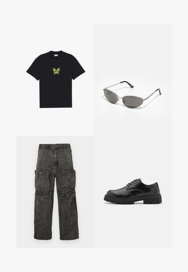 Sort bomull T-skjorte med et lite, gult flamme-mønster av en sommerfugl på brystet. Rund hals, korte ermer.; Cargo bukser i falmet sort stof, med elastisk talje, flere sidelommer og en let vasked tekstur.; Sorte lær sko med rund tå, snøring og en tykk, teksturert gummisåle. Har søm langs kanten og en glatt overflate.; Solbriller med en slank, sølvmetallisk ramme, gråtonede linser og et aerodynamisk design med spisse kanter og tynne armer.