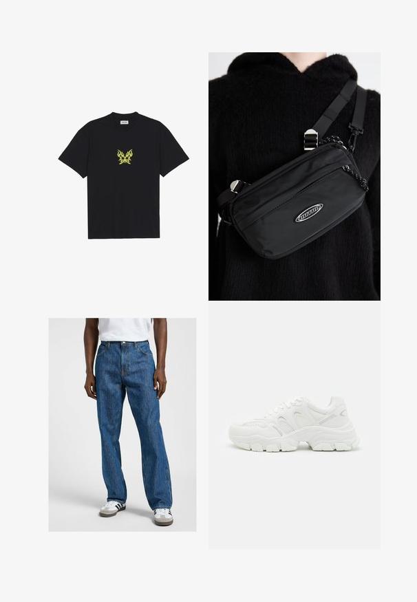 Camiseta de algodón negra con un pequeño gráfico de mariposa con patrón de llamas amarillas en el pecho. Cuello redondo, mangas cortas.; Vaqueros de denim azul con un diseño de pierna recta, que cuentan con un clásico diseño de cinco bolsillos, costuras amarillas en contraste y un cierre de botón.; Zapatillas deportivas blancas con parte superior de malla y detalles en cuero, suela de goma texturizada y un diseño voluminoso con contornos notables.; Bolso bandolera negro de nailon con correa ajustable, que presenta una textura suave, un bolsillo frontal con cremallera y un acento de logo.