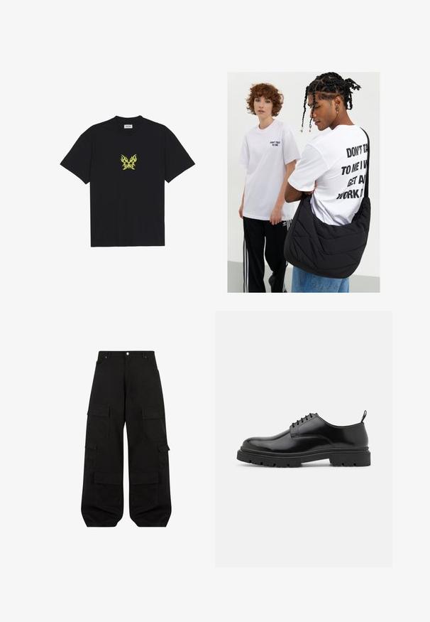 Camiseta de algodón negra con un pequeño gráfico de mariposa con patrón de llamas amarillas en el pecho. Cuello redondo, mangas cortas.; Pantalones de carga negros fabricados en algodón resistente con un corte relajado. Presentan múltiples bolsillos utilitarios y un diseño de pierna recta.; Zapatos de cuero negro con cordones, punta redonda, textura suave y suela de goma acanalada. Presentan un pequeño tacón y una pestaña en la parte posterior.; Bolso de hombro negro acolchado con una textura suave, llevado por una persona con una camiseta gráfica blanca con texto en negrita. Conjunto casual con vaqueros.