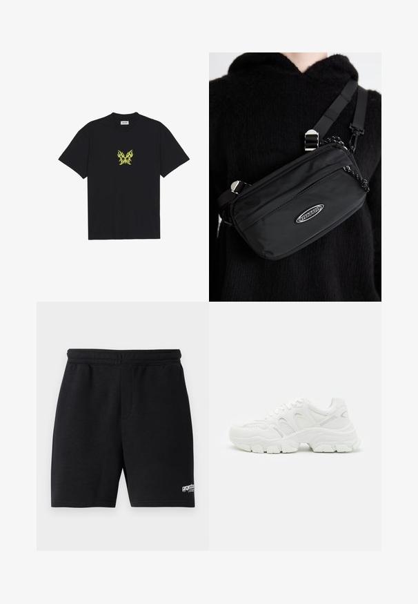 Crna pamučna majica s grafikom leptira u malom žutom plamenu na prsima. Okrugli izrez, kratki rukavi.; Crne pamučne kratke hlače s elastičnom trakom u struku, dva bočna džepa i mali bijeli logotip na donjem desnom dijelu. Glatka tekstura.; Bijele atletske tenisice s mrežastim gornjim dijelom i kožnim akcentima, teksturiranom gumeno dnom i robusnim dizajnom s istaknutim konturama.; Crna najlon crossbody torba s podesivom trakom, koja se odlikuje glatkom teksturom, prednjim džepom na patentni zatvarač i logotipom kao akcentom.