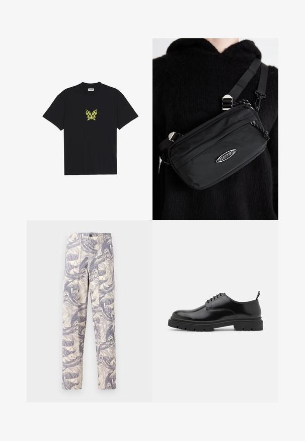 Mustat puuvillapaitat, joissa on pieni keltainen liekkikuvioinen perhonen rintaosassa. Pyöreä kaula-aukko, lyhyet hihat.; Keveä, kermavalkoiset housut, joissa on sininen abstrakti aalto-kuvio. Ne ovat suorat ja niissä on kaksi etupilkkua sekä nappikiinnitys.; Mustat nahkaiset nauhaketjut kengät, joissa on pyöreä kärki, sileä pinta ja uritettu kumipohja. Varustettu pienellä kannalla ja vetoluukulla takana.; Mustekchiefi musta nailon crossbody-kotelo säädettävällä hihnalla, jossa on sileä pinta, etupuolen vetoketjutasku ja logotunnus.
