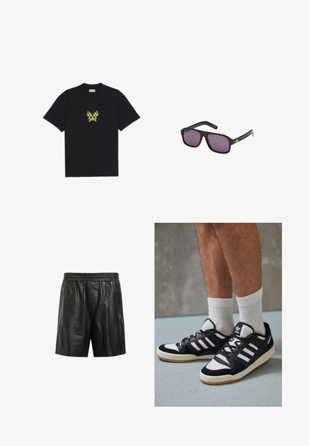 T-shirt en coton noir avec un petit graphique de papillon à motif flammes jaunes sur la poitrine. Encolure ronde, manches courtes.; Shorts en cuir noir avec une taille élastique, présentant une texture lisse et une coupe décontractée. Pas de poches ni d'embellissements visibles.; Baskets noir et blanc avec une tige en suède et cuir, comportant trois rayures blanches, un bout perforé et une semelle en caoutchouc gum.; Lunettes de soleil noires avec une monture carrée, des verres foncés et un accent en logo doré sur la branche. Matériau plastique lisse avec une finition mate.