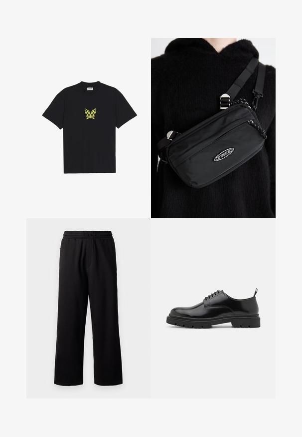Schwarzes Baumwoll-T-Shirt mit einem kleinen, gelben Schmetterlings-Motiv im Flammenmuster auf der Brust. Rundhalsausschnitt, kurze Ärmel.; Schwarze Jogginghose mit elastischem Bund, entspannter Passform, geraden Beinen und ohne sichtbare Muster oder Hardware. Weiche Textur, lässiges Design.; Schwarze Leder Schnürschuhe mit runder Zehenpartie, glatter Oberfläche und genoppter Gummisohle. Verfügen über einen kleinen Absatz und eine Ziehschlaufe auf der Rückseite.; Schwarze Nylon-Crossbody-Tasche mit verstellbarem Gurt, ausgestattet mit einer glatten Textur, einer vorderen Reißverschlusstasche und einem Logo-Detail.