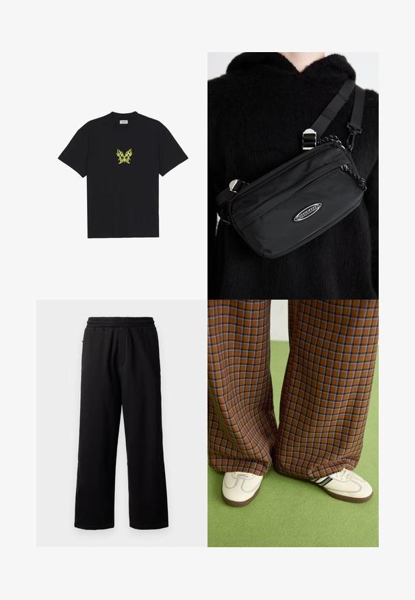 Zwarte katoenen t-shirt met een kleine gele vlinderafbeelding met vlampatroon op de borst. Ronde halslijn, korte mouwen.; Zwarte sweatpants met een elastische tailleband, relaxte pasvorm, rechte pijpen en geen zichtbare patronen of hardware. Zachte textuur, casual ontwerp.; Bruine en blauwe geruite wijde broek, gecombineerd met witte schoenen met zwarte accenten en een gestructureerde zool, gezet tegen een groene achtergrond.; Zwarte nylon crossbody tas met een verstelbare schouderriem, met een gladde textuur, een voorzak met rits en een logo-accent.