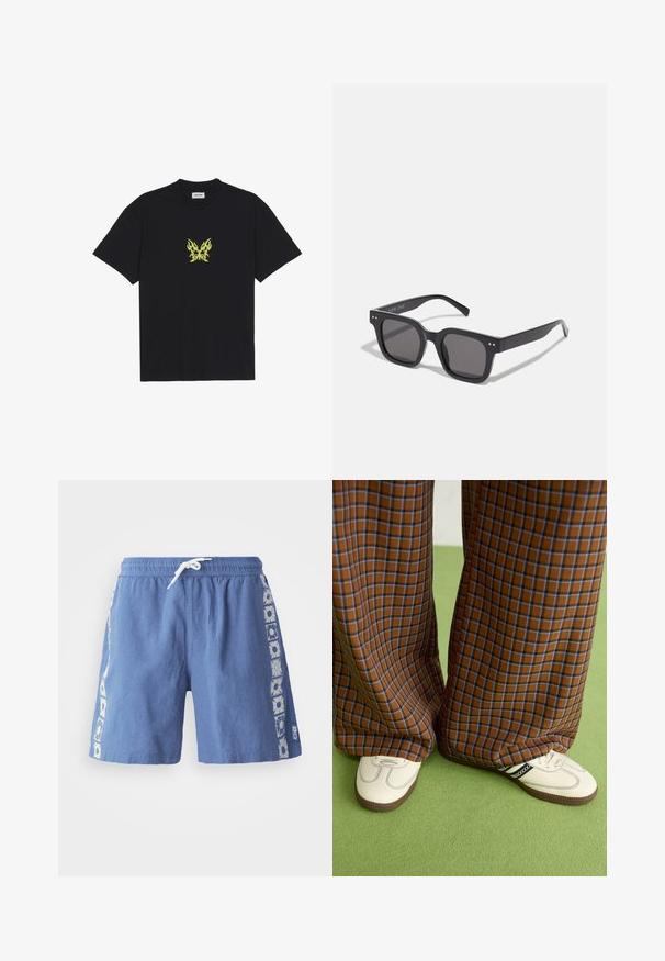 Sort bomull T-skjorte med et lite, gult flamme-mønster av en sommerfugl på brystet. Rund hals, korte ermer.; Blå svømmeshorts laget av lett materiale, med en snøring i midjen og blomstermønstrede detaljer langs sidene.; Brune og blå rutete vide bukser sammen med hvite sko med svarte detaljer og teksturerte såler, satt mot en grønn bakgrunn.; Sorte, rektangulære solbriller med mørke linser, med tykk innfatning, subtile detaljer på sidene og ingen synlige logoer annet enn merkenavnet.