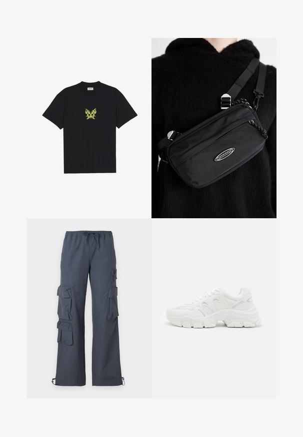 Svart bomulls t-shirt med en liten, gul flammönstrad fjärilsgraphic på bröstet. Rundad halsringning, korta ärmar.; Mörkgrå cargo-byxor med elastisk midja, flera stora fickor på sidorna och justerbara benslutar vid anklarna.; Vita atletiska sneakers med ett mesh-överdrag och läderdetaljer, texturerad gummisula och en rejäl design med märkbara konturer.; Svart nylon crossbody-väska med justerbar rem, med en slät textur, en framficka med dragkedja och en logotypdetalj.