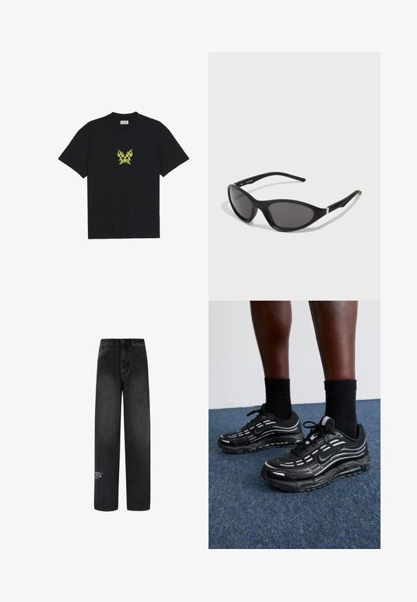 Zwarte katoenen t-shirt met een kleine gele vlinderafbeelding met vlampatroon op de borst. Ronde halslijn, korte mouwen.; Zwarte denim brede-spijkerbroek met een hoge taille, met twee voordeliger zakken en een decoratieve logodetail op het onderbeen.; Zwarte Nike-schoenen hebben een bovenwerk van mesh met accentstreepjes, getextureerde veters en een zwarte rubberen zool. Draag ze met zwarte geribde sokken.; Zwarte cat-eye zonnebril met elegante, matte monturen, donkere lenzen en zilveren accenten op de slapen. Modern ontwerp met een scherpe vorm.