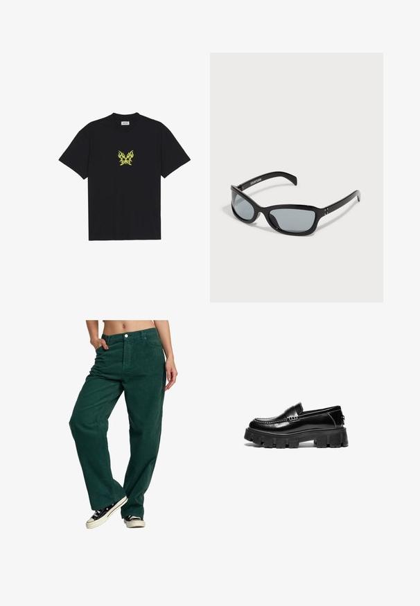 Svart bomulls t-shirt med en liten, gul flammönstrad fjärilsgraphic på bröstet. Rundad halsringning, korta ärmar.; Gröna sammetsbyxor med rak bendesign, med knappstängning fram och sidfickor. Texturerad tyg och avslappnad passform.; Svarta läderloafers med tjock gummisula, dekorativ rem tvärs över ovandelen och kontrasterande vit söm. Slät textur med rundad tå.; Svarta solglasögon med en elegant, vinklad design. Har grå linser och glänsande plastbågar. Inkluderar små metallaccentueringar och logotyp på armen.; Svart nylon crossbody-väska med justerbar rem, med en slät textur, en framficka med dragkedja och en logotypdetalj.