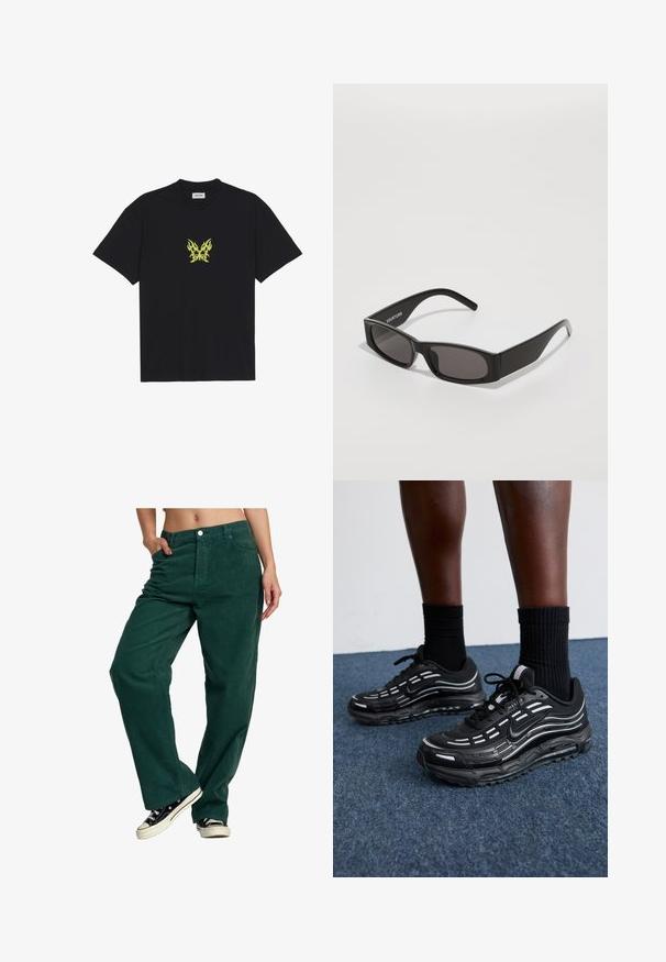 Mustat puuvillapaitat, joissa on pieni keltainen liekkikuvioinen perhonen rintaosassa. Pyöreä kaula-aukko, lyhyet hihat.; Vihreät samettihousut suoralinjaisella leikellä, joissa on etupainike ja sivutaskut. Teksturoitu kangas ja rento istuvuus.; Mustat Nike-kengät, joissa on verkkomateriaali ja korostetut raidat, teksturoitu nauhoitus ja musta kumipohja. Yhdistetty mustiin ribbikurottimiin.; Mustat suorakulmaiset aurinkolasit tummilla linsseillä, sileä muovikehys ja hienovarainen logo vasemmassa varressa. Minimalistinen muotoilu.
