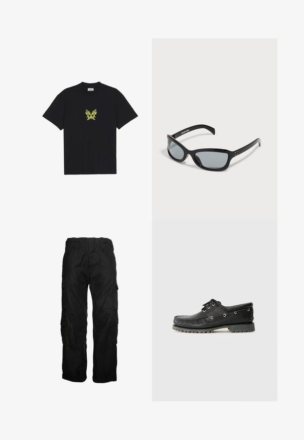Schwarzes Baumwoll-T-Shirt mit einem kleinen, gelben Schmetterlings-Motiv im Flammenmuster auf der Brust. Rundhalsausschnitt, kurze Ärmel.; Schwarze Cargo-Hosen aus Baumwolle, ausgestattet mit mehreren Seitentaschen, einem elastischen Bund und einer lockeren Passform. Glatte Textur mit Nahtdetails.; Schwarze, strukturierte Schnürschuhe mit runder Zehenform, metallischen Ösen und einer robusten grauen Gummisohle. Verfügt über ein gewebtes Muster im oberen Bereich.; Schwarze Sonnenbrille mit einem eleganten, kantigen Design. Verfügt über graue Gläser und glänzende Kunststoffrahmen. Enthält kleine Metallakzente und Branding am Bügel.; Schwarze Cordtasche mit verstellbarem Schultergurt, ausgestattet mit Vordertaschen und einer weichen Textur. Kompaktes Design mit minimaler Gestaltung.