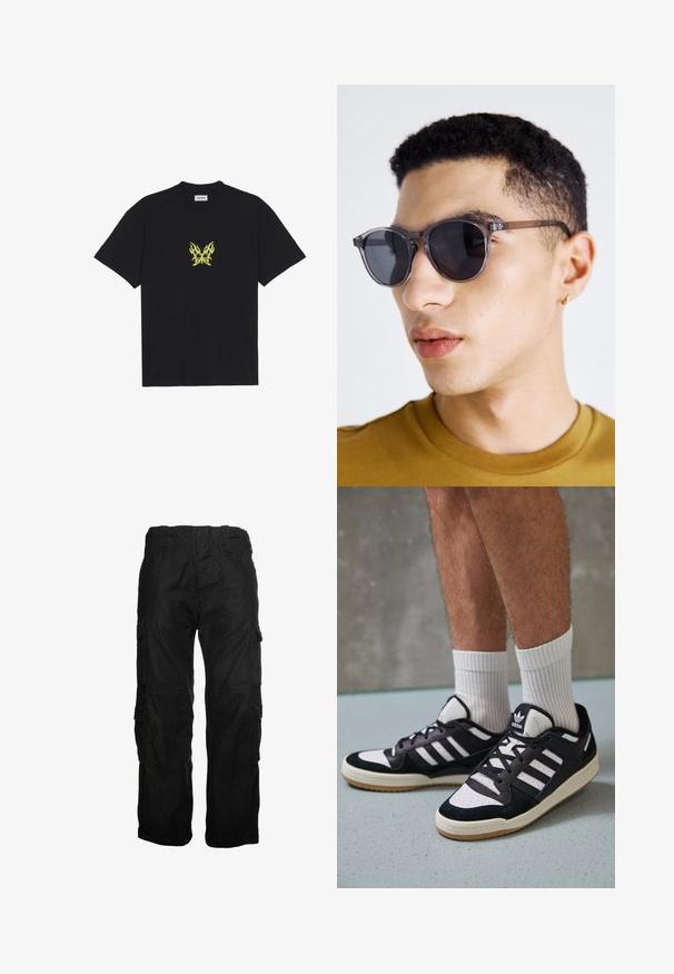 Czarna bawełniana koszulka z małym graficznym motywem żółtego motyla w kształcie płomienia na piersi. Okrągły dekolt, krótkie rękawy.; Czarne spodnie cargo wykonane z bawełny, z wieloma bocznymi kieszeniami, elastycznym paskiem i luźnym krojem. Gładka faktura z detalami szwów.; Czarno-białe sneakersy z zamszową i skórzaną cholewką, z trzema białymi paskami, perforowanym czubkiem i gumową podeszwą w kolorze gumy.; Szare okrągłe okulary przeciwsłoneczne z przezroczystą oprawką, z ciemnymi soczewkami i cienkimi, eleganckimi zausznikami. Noszone przez osobę z krótkimi, kręconymi włosami.