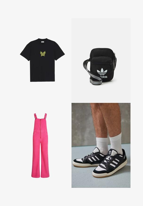 Juodas medvilnės marškinėliai su mažuoju geltonu ugnies rašto drugeliu ant krūtinės. Apvalus kaklas, trumpi rankovės.; Ryškiai rožiniai plačiagančiai džinsiniai kombinezonai su reguliuojamais petnešomis, priekiniais užtrauktukais ir šoniniais kišenėmis, rodomi ant baltos fono.; Juodos ir baltos sportinės bateliai su zomšiniu ir odiniu viršumi, su trimis baltomis juostelėmis, perforuota koja ir guminėmis padais.; Juodas audinio per petį nešiojamas krepšys su užtrauktuku, turintis baltą Adidas logotipą ir dryžuotą reguliuojamą diržą patogiam nešiojimui.