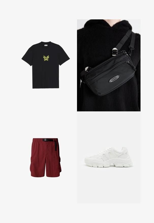 T-shirt in cotone nero con una piccola grafica a farfalla con motivo a fiamma gialla sul petto. Collo a giro, maniche corte.; Pantaloni cargo bordeaux con cintura elastica e cintura regolabile. Presenta due tasche laterali per lo stoccaggio. Realizzati in tessuto leggero.; Sneakers atletici bianchi con tomaia in rete e dettagli in pelle, suola in gomma testurizzata e design massiccio con contorni ben definiti.; Borsa a tracolla nera in nylon con tracolla regolabile, caratterizzata da una texture liscia, una tasca con zip frontale e un accento con logo.