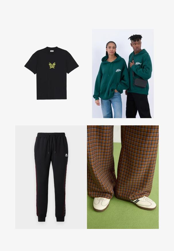 Fekete pamut póló, kicsi, sárga lángmintázatú pillangó grafikával a mellkason. Kerek nyakkivágás, rövid ujjak.; Fekete melegítőnadrág elasztikus derékkal, piros oldalsávokkal és Kappa logóval. Sima anyagból készült, bordás mandzsettákkal és laza fazonnal.; Barna és kék kockás, bőrt lábú nadrág, fehér cipővel, fekete részletekkel és texturált talppal, zöld háttér előtt.; Zöld kapucnis pulóverek elülső zsebekkel, bő szabással. Az egyik modell fekete farmert visel, a másik egy fekete keresztbody táskát hord.