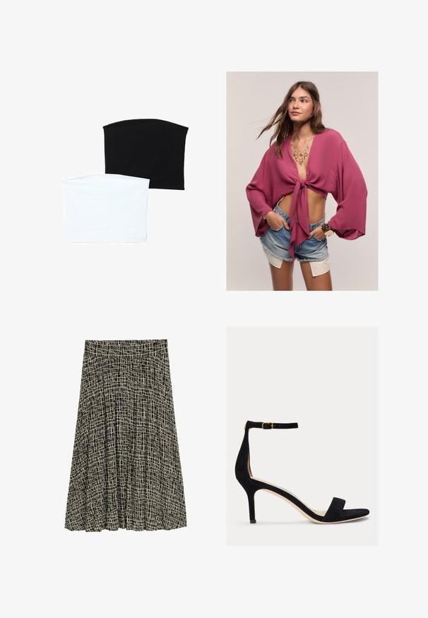 Dvě hladké trubkové šály: jedna černá a jedna bílá. Obě jsou vyrobené z měkké, elastické látky a mají hladký povrch bez vzorů.; Broskvově zbarvený zkrácený top s předními vázankami, širokými rukávy a měkkou texturou, doplněný džínovými šortkami a vrstvenými zlatými šperky.; TOM TAILOR Maxi sukně - abstract black grid design; Lauren Ralph Lauren ALLIE MID HEEL SUEDE SANDAL - Páskové sandály - black