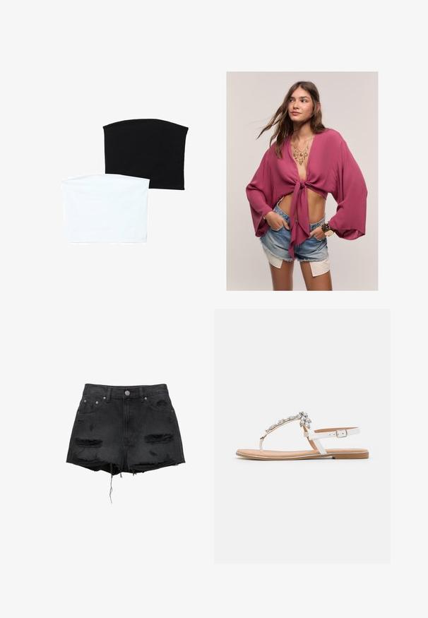 Dve brezšivne cevi šali: ena črna in ena bela. Obe sta izdelani iz mehkega, raztegljivega materiala in imata gladko teksturo brez vzorcev.; Bordo oblačena bluzica s prednjim vezanjem, širokim rukavima in mehko teksturo, v kombinaciji s jeans kratkimi hlačami in slojevito zlatimi nakitom.; Črne jeans kratke hlače z robovi, ki se razprostirajo, z učinki obrabe, z zapiranjem na gumb spredaj in petimi žepi. Klasična visoka pasna oblika.; Bele plažne sandale z dizajnom T-trake, okrašene s prozornimi dragulji. Podplat je svetlo rjav z tankim, ravnim profilom. Prilagodljiv trak okoli gležnja.