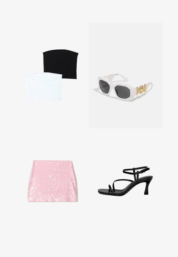 Zwei nahtlose Schlauchschals: einer schwarz und einer weiß. Beide bestehen aus weichem, dehnbarem Material und haben eine glatte Textur ohne Muster.; Rosa Pailletten-Minirock mit vertikaler gerippter Textur, der eine figurbetonte Silhouette bietet und mit schimmernden Pailletten überzogen ist.; Schwarze Leder-Sandalen mit Absatz, ausgestattet mit dünnen Riemen, einer quadratischen Zehenpartie und einem Stiletto-Absatz. Verstellbarer Knöchelriemen für eine optimale Passform. Glatte Textur.; Weiße achteckige Sonnenbrille mit dunklen Gläsern. Verfügt über goldene Hardware-Akzente und ein strukturiertes Design an den Bügeln.; Schwarze synthetische Schultertasche mit geschwungenem Silhouette, strukturiertem Finish, goldenem Dreiecks-Logo und abnehmbaren Hardware-Akzenten.