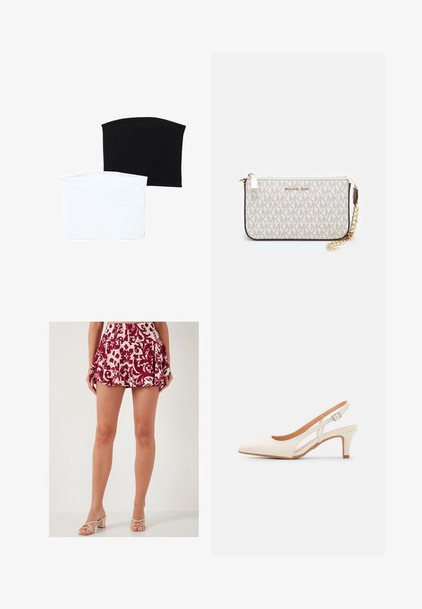 Dve brezšivne cevi šali: ena črna in ena bela. Obe sta izdelani iz mehkega, raztegljivega materiala in imata gladko teksturo brez vzorcev.; LELA SLIM FIT - Krilo A-kroja - red; Bela slingback peta z ostrim nosom, gladka zgornja prevleka, nizka blok peta in zasnova z stranskimi izrezi ter nastavljivim trakom z zaponko.; Michael Kors denarnica v bež lakiranem platnu z mišičnim vzorcem ponavljajočega se logotipa MK, z zlatim okovjem in snemljivo verižico.