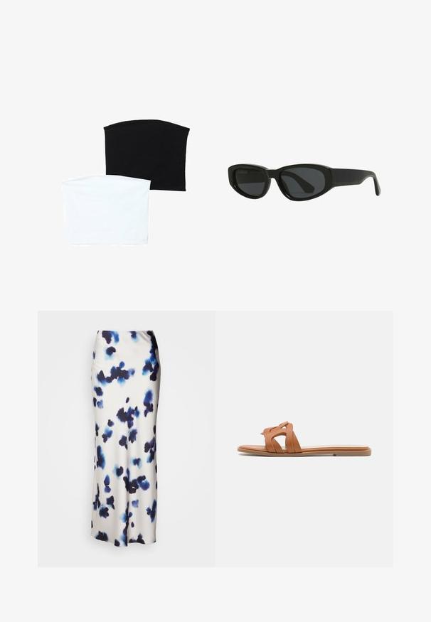 Dvě hladké trubkové šály: jedna černá a jedna bílá. Obě jsou vyrobené z měkké, elastické látky a mají hladký povrch bez vzorů.; Lindex SKIRT MARY - Maxi sukně - light beige; Hnědé kožené sandály s plochou podrážkou, překříženými popruhy a minimalistickým designem. Hladký povrch bez viditelných vzorů nebo kovových prvků.; Černé sluneční brýle s elegantním, úhlovým designem. Vyrobeny z plastu, mají tmavé čočky a hladký, lesklý povrch. Bez výrazných akcentů.
